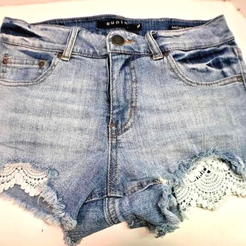 Eunina Midrise Shortie Jean Shorts Torn with Lace